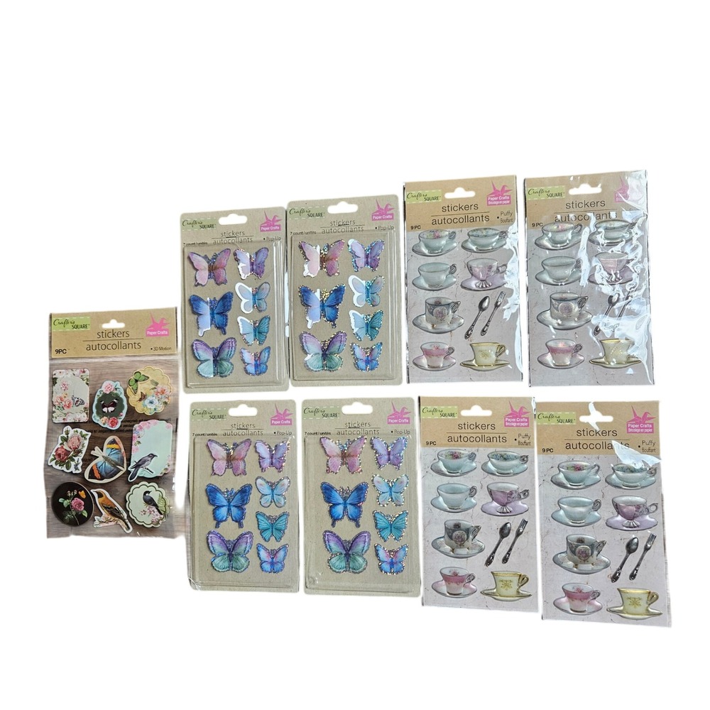 Lot of 9 Crafters Square Stickers Butterflies Teacups 3D Motion Puffy Pop-Up